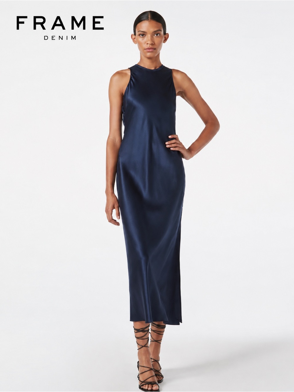 FRAME Bias Maxi Dress Navy Sleeveless 90s Minimalist Quiet Luxury Large C7